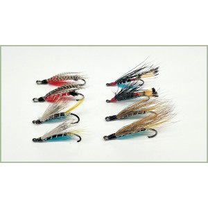 8 Salmon Singles - Scarlet Diver, Blue Charm, Black Doctor and Hairy Mary 