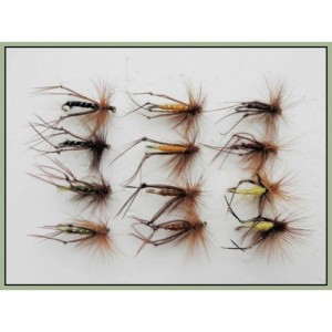 12 Standard Hopper Flies - black, brown, olive, orange, yellow and Claret