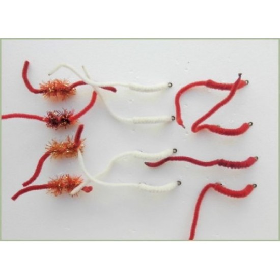 12  Mixed Worm -  Fritz Worm, Red & White Chenille Worms