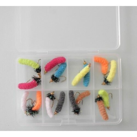 16 Barbless Mop Flies, Compartment Pocket Box