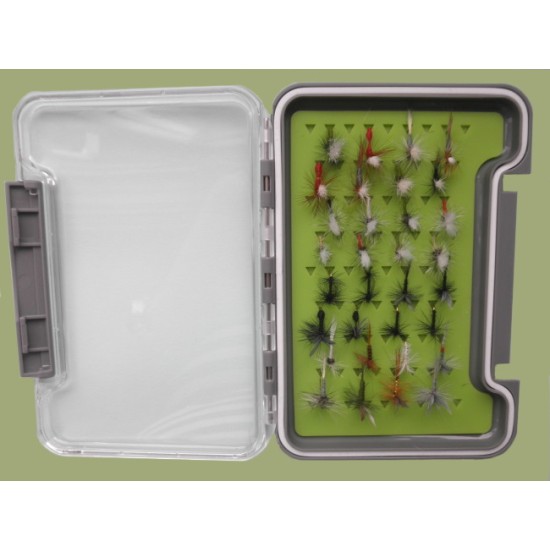 32 Parachute, Klinkhammer and Traditional Flies in a Troutflies Silicone MEDIUM green Box 