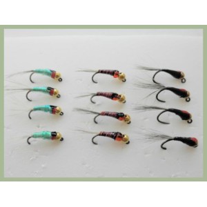 12 BARBLESS Goldhead Jigs - Red Dot, Red Hothead, Black Pearly Dot