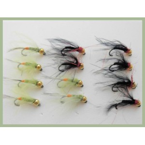 12 BARBLESS Goldhead Jigs -  Black Red Holo and Olive Hackled