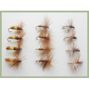 12 Dry Flies - Leckford Professor, Brown Palmer, Caperer 