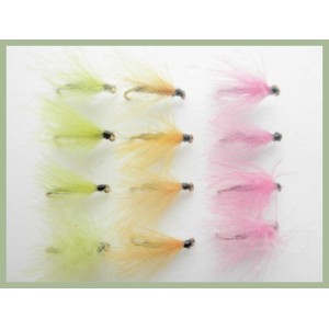12 Mixed Coloured Wing CDC F  Flies - Olive, Pink, Orange