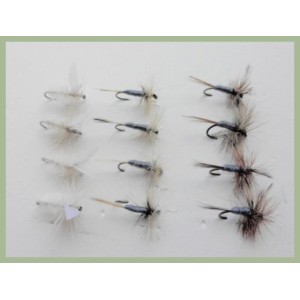 12 BARBLESS Dry Flies - Grey Duster, Adams and Moth