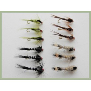 12 Hidden Weighted Nymphs - Olive, Pheasant Tail., Hares Ear, Black/Silver