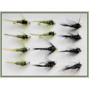 12 Goldhead Nymph - Olives  and Black Damsel