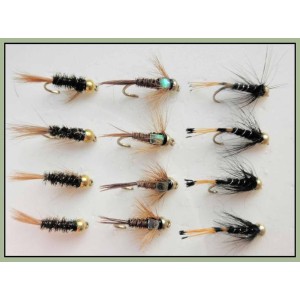 12 Goldhead Nymphs - Diawl bach, Flash Pheasant, Black Pennel 
