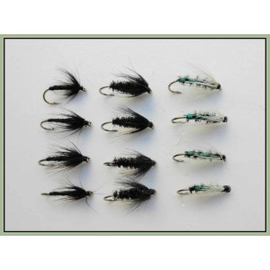 12 Wet Flies - Insect Green, Black & Peacock/Black Spider