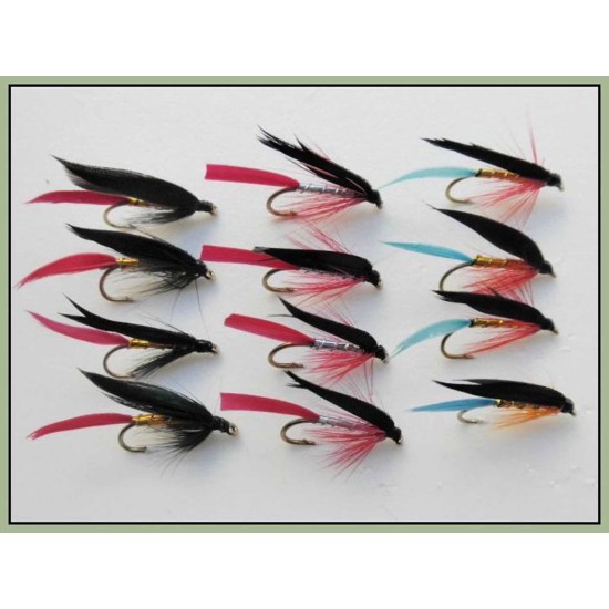 12 Barbless Wet Flies - Butchers, Gold, Bloody & Kingfisher