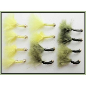 12 Goldhead Copper Wire Marabou - Olive and Yellow