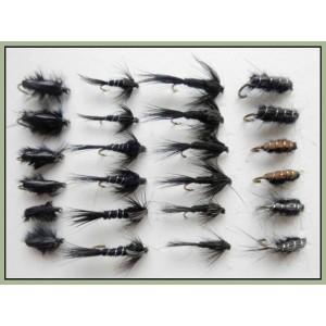 24 Black Nymph Flies - Chomper, Semtex, Ribbed, Gnat