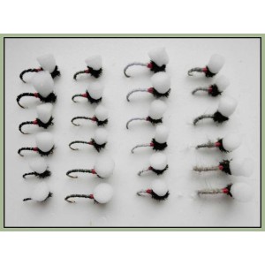 24 Barbless Suspender Buzzers - Black, White, Olive and Hares Ear 