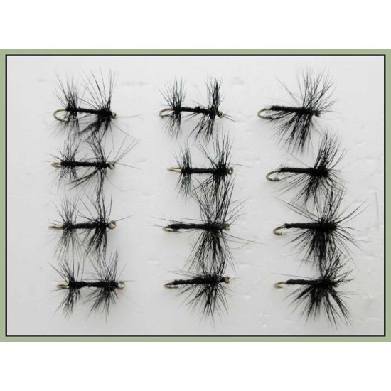 12 Barbless Dry Flies - Black Spider and Knotted Midge