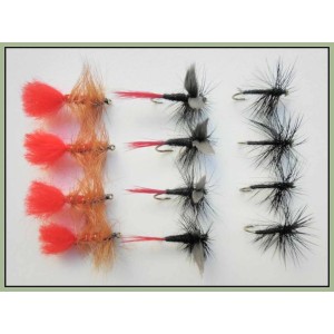 12 Dry Flies - Black Spider,Black Red Gnat, Soldier Palmer