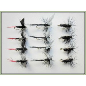 12 Barbless Dry Flies - Black Gnat, Black &  Peacock & Red Tailed Gnat