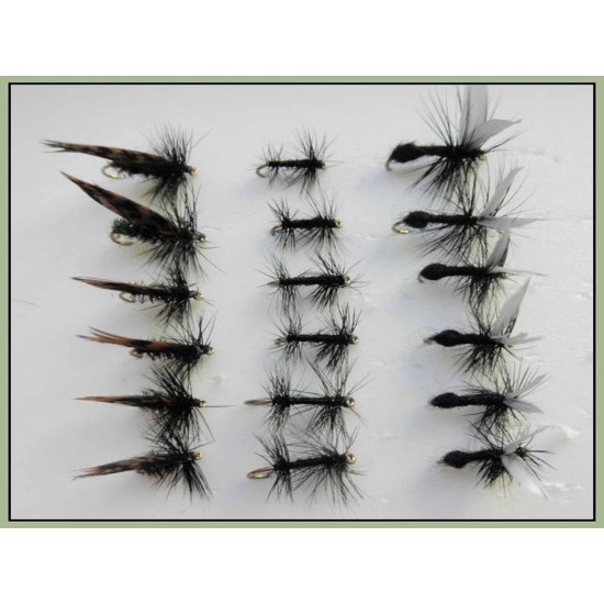 18 Dry Flies  - Alder, Ant and Knotted Midge - Mixed Sizes