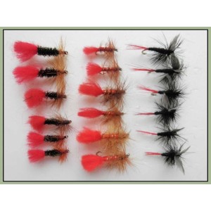 18 Dry Flies - Red Tag, Soldier Palmer, Black Red Tail