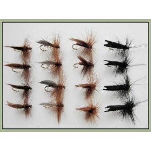 16 Barbless Sedge Flies - Silver, Black Horned,Olive and Brown