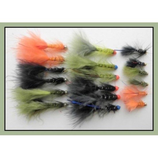18 Mixed Flash Damsels - black, olive, orange