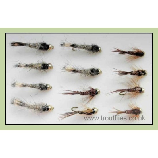 Hares Ear & Pheasant Tail Nymph Trout Flies, 18 Pack Flash & Standard. 10 To 14
