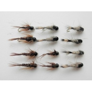 12 BARBLESS Tungsten Bead Flies - Pheasant Tail/ Hares Ear