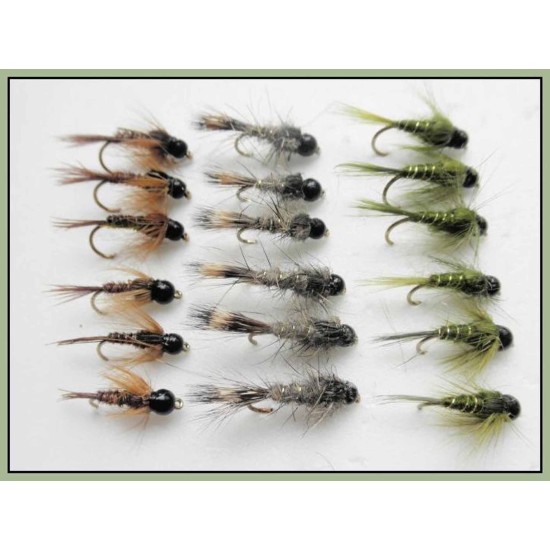 18 BARBLESS Tungsten Bead Nymph - Hares ear, Pheasant Tail, Olive