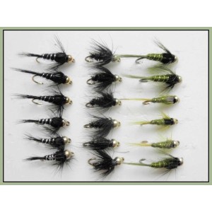 18 Goldhead Nymph  Flies - Black & Peacock ,Olives, black & Silver