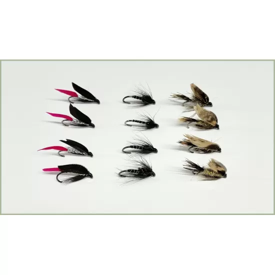 12 BARBLESS Wet Flies - Butcher, Black Magic, March Brown