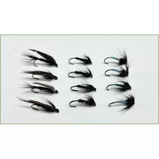 12 BARBLESS Wet Flies - Pearl Lurex, Black Gnat, Black Spider