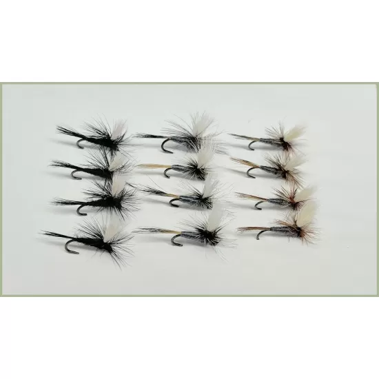 12 Barbless Dry Parachute Flies - Grey Duster, Adams, & Black Gnat