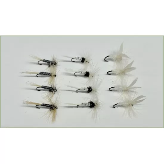 12 BARBLESS Dry Flies - Grey Duster, Caenis & Moth
