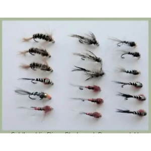 18 Barbless Goldhead Jig Flies - Black pearl, Brown pearl, Hares ear, Red
