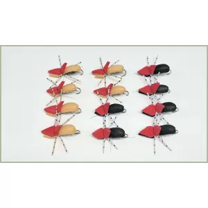 12 Barbless Dry Flies - Hi Viz Beetles - Black and Tan