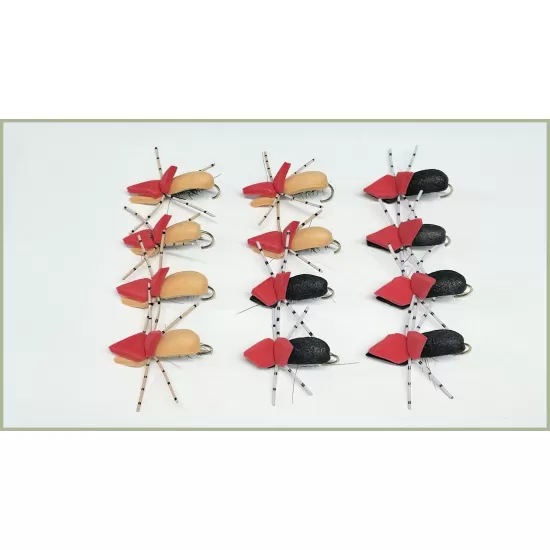 12 Barbless Dry Flies - Hi Viz Beetles - Black and Tan