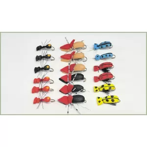 18 Barbless Dry Flies - Beetles and Foam Ants inc Hi Viz, Ants and Lady