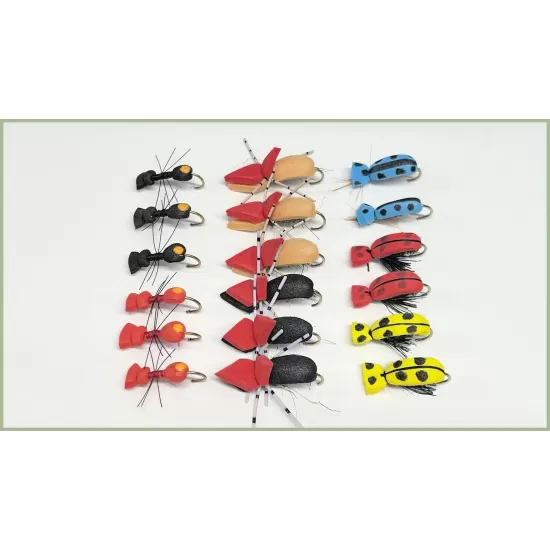 18 Dry Flies - Beetles and Foam Ants inc Hi Viz, Ants and Lady