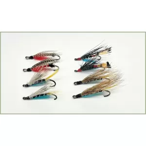 8 Salmon Singles - Scarlet Diver, Blue Charm, Black Doctor and Hairy Mary