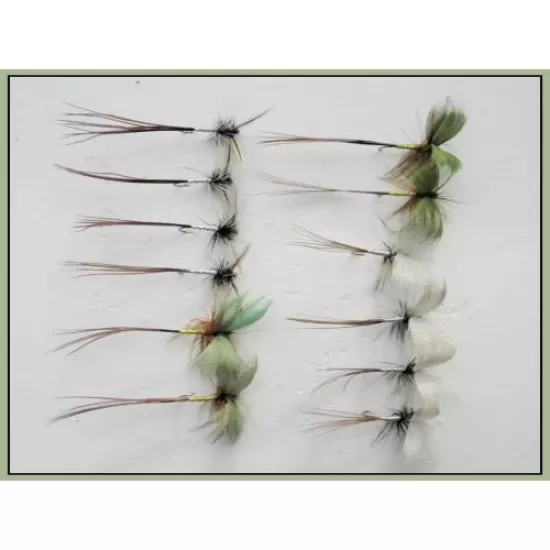 12 Mixed Barbless Mayflies, Grey, Green & Spent