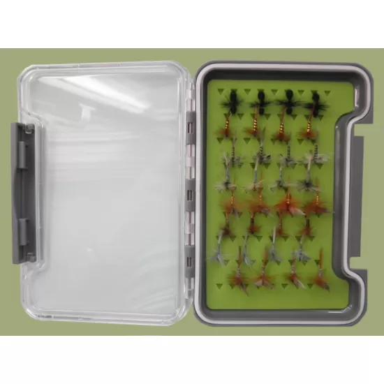 32 Traditional Dry Flies in a Troutflies MEDIUM Silicone Insert Box - Named flies