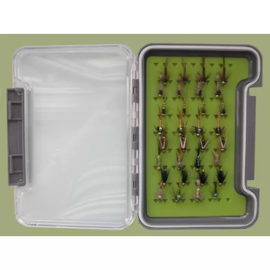 32 Goldhead Nymph in a Troutflies green MEDIUM silicone Box - Named flies