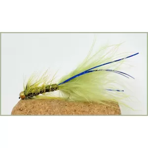 Barbless Goldhead Olive Blue Flash Damsel