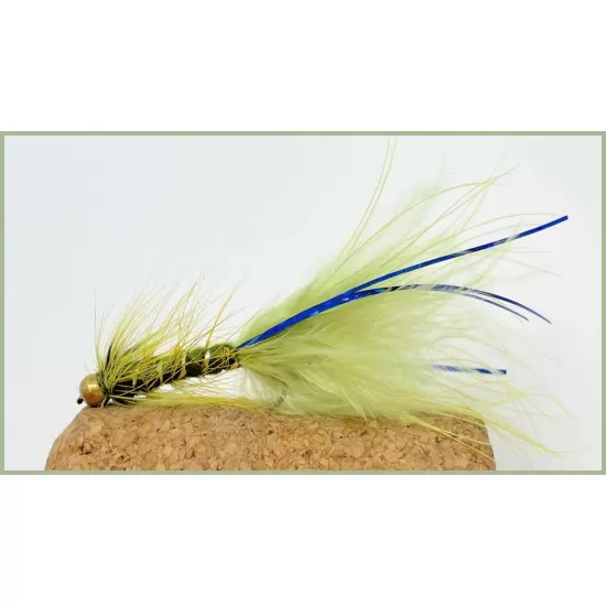 Barbless Goldhead Olive Blue Flash Damsel