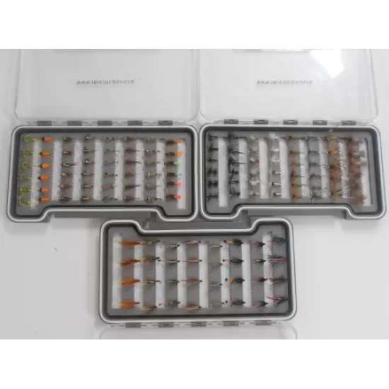 128 Barbless Flies in a 3 box set - 1x Dry Box, 1x Wet Box, 1x Goldhead box