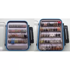 96 BOXED BARBLESS FLIES - Wets, Dries, Nymphs, Buzzers, Goldheads - IN BLUE RIM BOX
