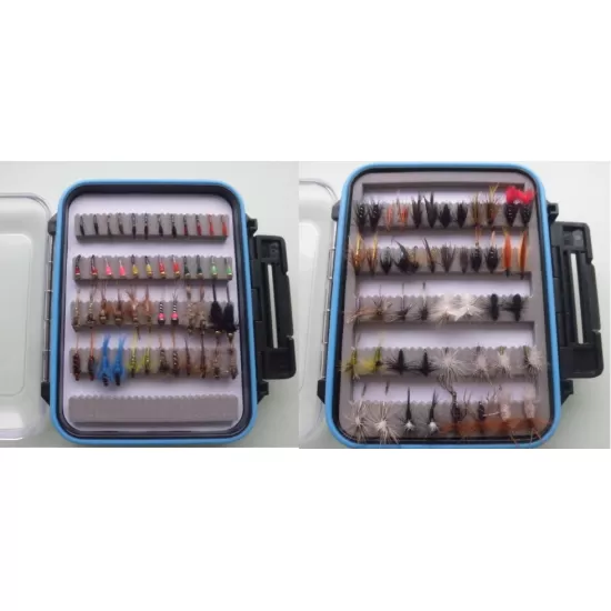 96 BOXED BARBLESS FLIES - Wets, Dries, Nymphs, Buzzers, Goldheads - IN BLUE RIM BOX