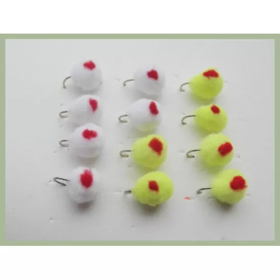 12 Barbless Red Spot Eggs - Chartreuse & White