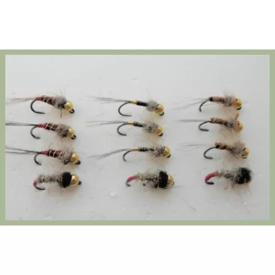 12 BARBLESS Goldhead Jigs - Gold Tag, HE Copper Rib, HE Red Tag, Cinnamon HE