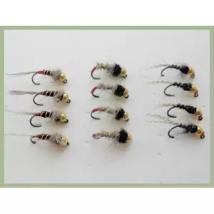 12 BARBLESS Goldhead Jigs -  HE Copper Rib, HE Red Tag, Black Red Head